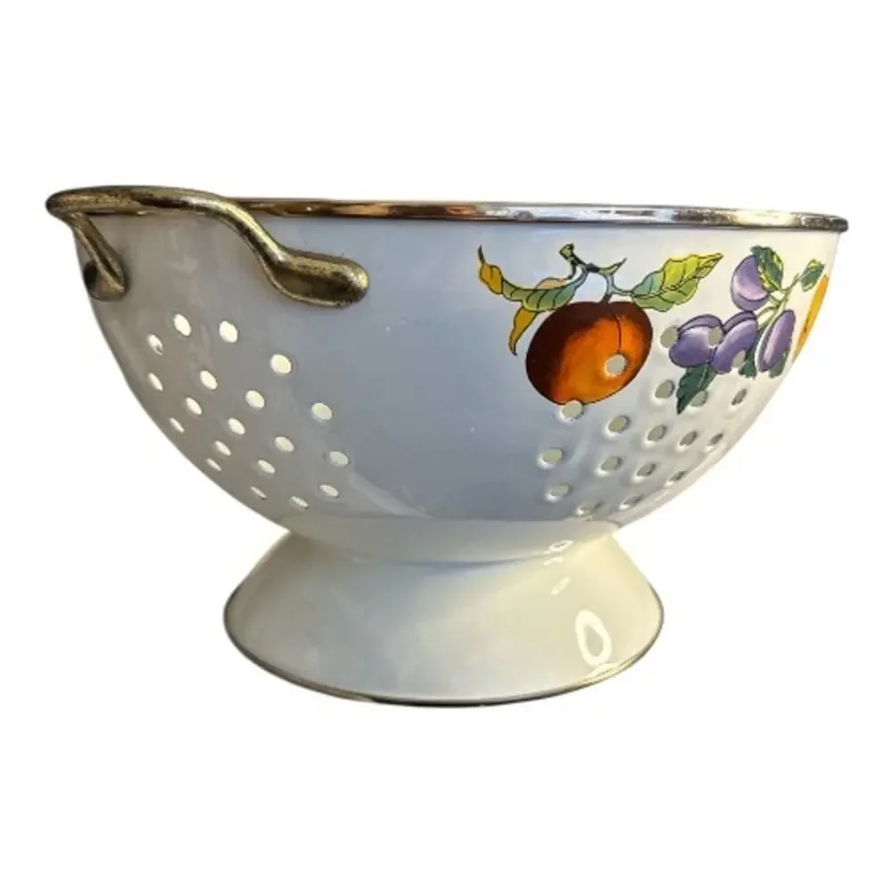 Vintage Porcelain Enamel Lined Fruit Print Colander by Tabletops Unlimited